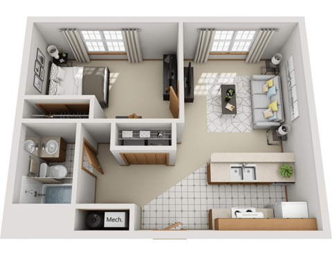 Floor plan for 1 bed, 1 bath, 637 sqft